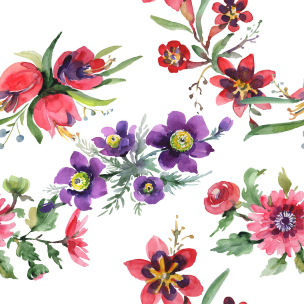 Bouquets flores botânicas florais. Conjunto de ilustração de fundo aquarela. Padrão de fundo sem costura
. - Foto, Imagem