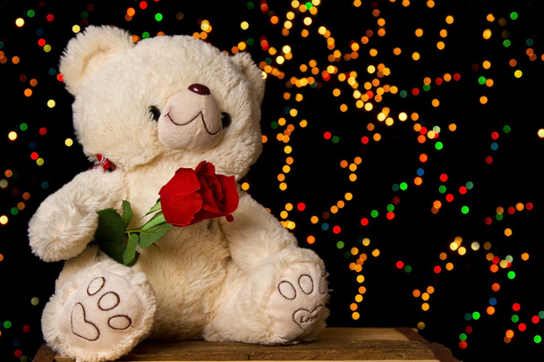 Teddie bear with white with red rose sitting - Foto, Bild