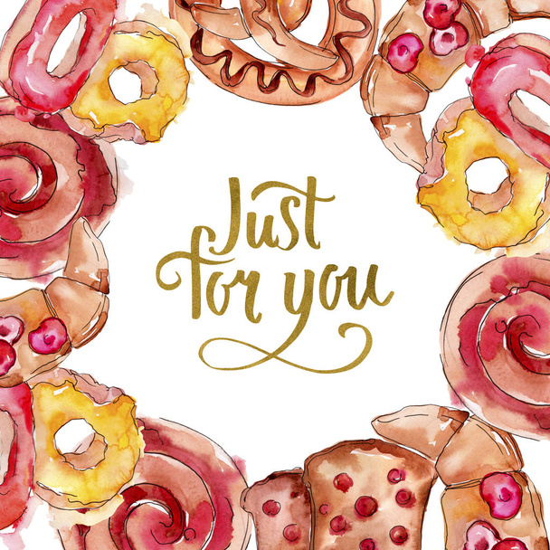 Tasty buns in a watercolor style food. Watercolour background illustration set. Frame border ornament square. - Photo, Image