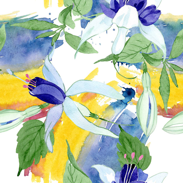 Niebieski fuksja kwiatowe kwiaty botaniczne. Akwarela zestaw ilustracji tła. Płynny wzór tła. - Zdjęcie, obraz