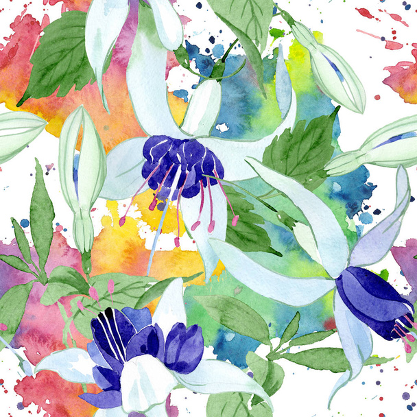 Blue fuchsia floral botanical flowers. Watercolor background illustration set. Seamless background pattern. - Fotografie, Obrázek