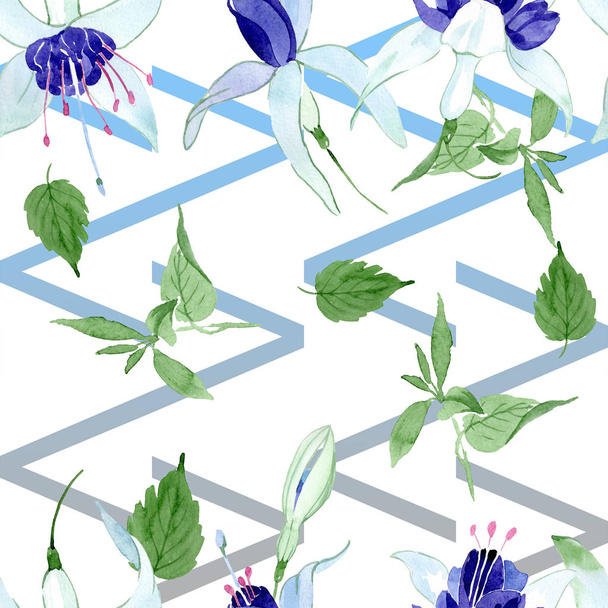 Niebieski fuksja kwiatowe kwiaty botaniczne. Akwarela zestaw ilustracji tła. Płynny wzór tła. - Zdjęcie, obraz