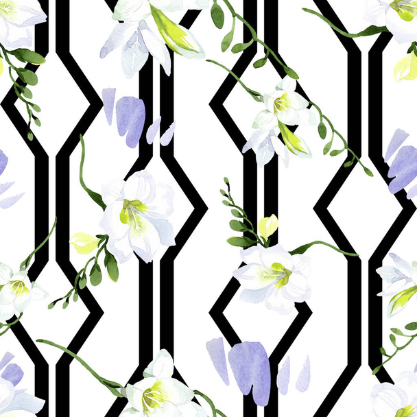 White freesia floral botanical flowers. Watercolor background illustration set. Seamless background pattern. - Foto, Imagem