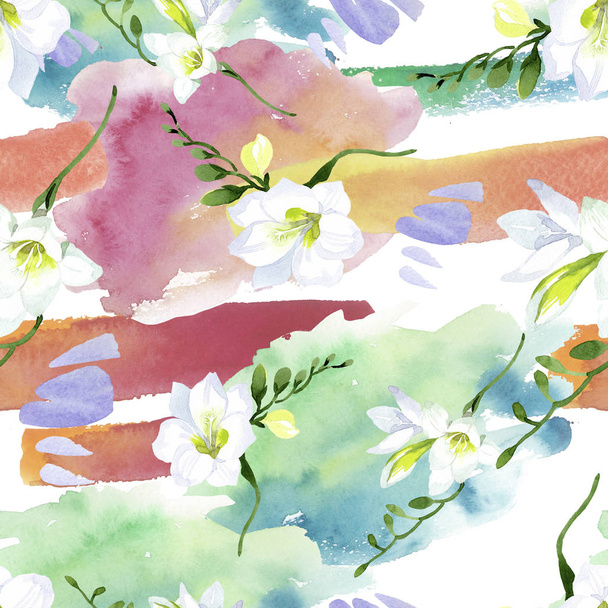 白いフリージア花植物の花。水彩の背景イラストセット。シームレスな背景パターン. - 写真・画像