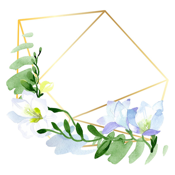 Branco freesia flores botânicas florais. Conjunto de ilustração de fundo aquarela. Quadro borda ornamento quadrado
. - Foto, Imagem