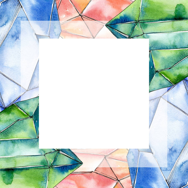 Colorful diamond rock jewelry minerals. Watercolor background illustration set. Frame border ornament square. - Foto, Imagem