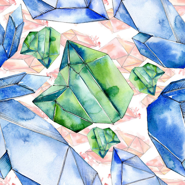 Színes gyémánt rock ékszerek ásványi anyagok. Akvarell kristály kő háttér beállítása. Varratmentes háttérben minta. - Fotó, kép