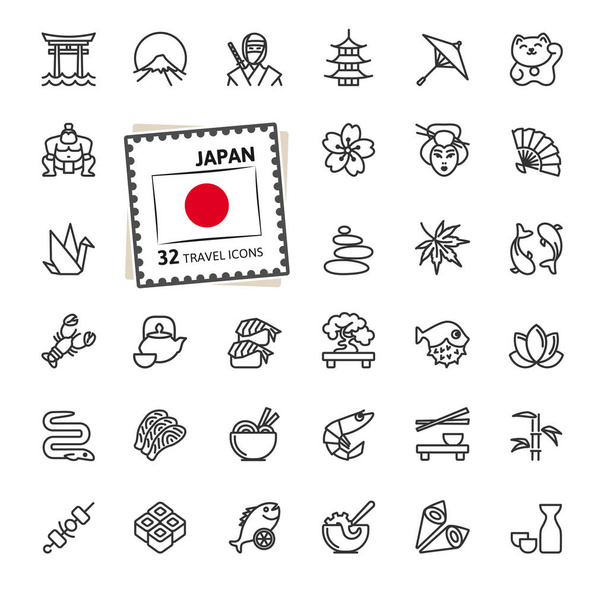 日本、日本語 - 最小細線ウェブアイコンセット。アウトライン アイコン コレクション。旅行シリーズ。単純なベクトルイラストレーション. - ベクター画像