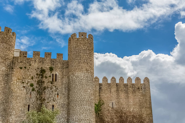 Blick auf die Festung und die üppige römische Burg von Obidos, mit Gebäuden portugiesischer Volksarchitektur und - Foto, Bild