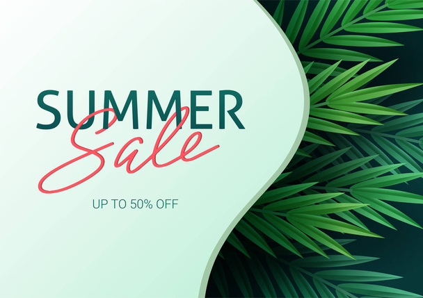 Hello summer, summertime. The text poster against the background of tropical plants. Palm leaves, jungle leaf and handwriting lettering. The poster for sale and an advertizing sign.  Vector - Vector, Image