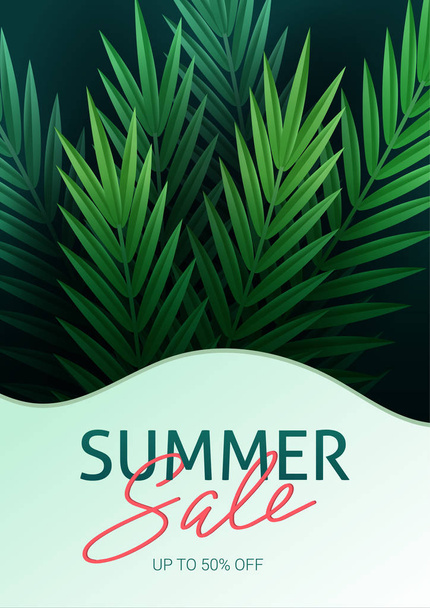 Hello summer, summertime. The text poster against the background of tropical plants. Palm leaves, jungle leaf and handwriting lettering. The poster for sale and an advertizing sign.  Vector - ベクター画像