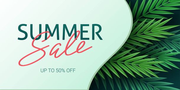Hello summer, summertime. The text poster against the background of tropical plants. Palm leaves, jungle leaf and handwriting lettering. The poster for sale and an advertizing sign.  Vector - ベクター画像