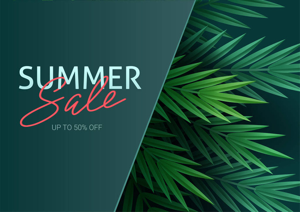 Hello summer, summertime. The text poster against the background of tropical plants. Palm leaves, jungle leaf and handwriting lettering. The poster for sale and an advertizing sign.  Vector - Vektör, Görsel