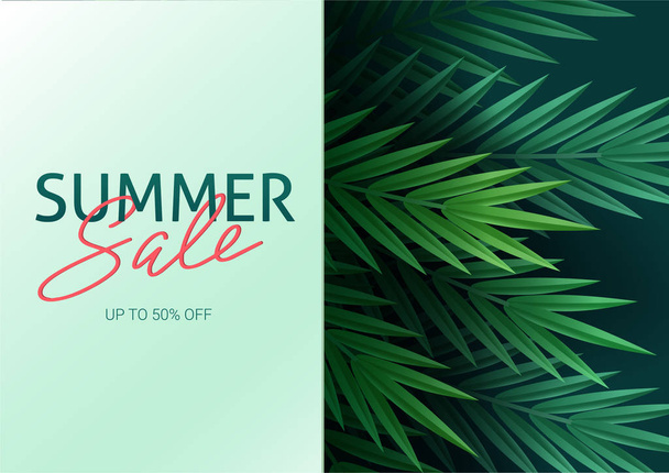 Hello summer, summertime. The text poster against the background of tropical plants. Palm leaves, jungle leaf and handwriting lettering. The poster for sale and an advertizing sign. Vector - Vettoriali, immagini