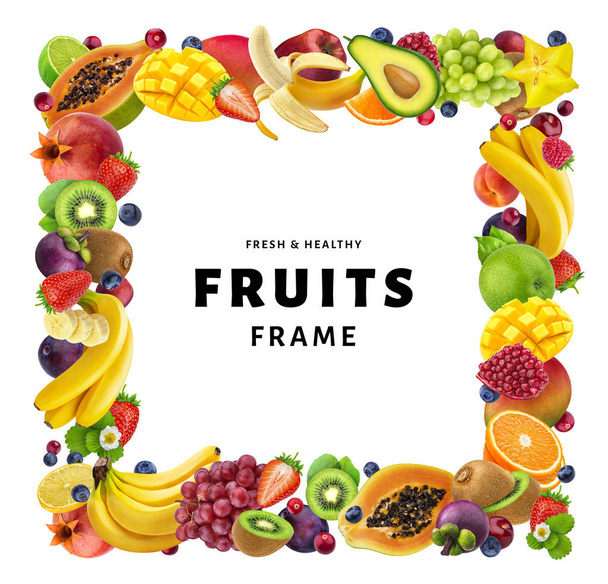 Square frame made of different fruits and berries, isolated on white background, healthy food concept, copy space - Photo, Image