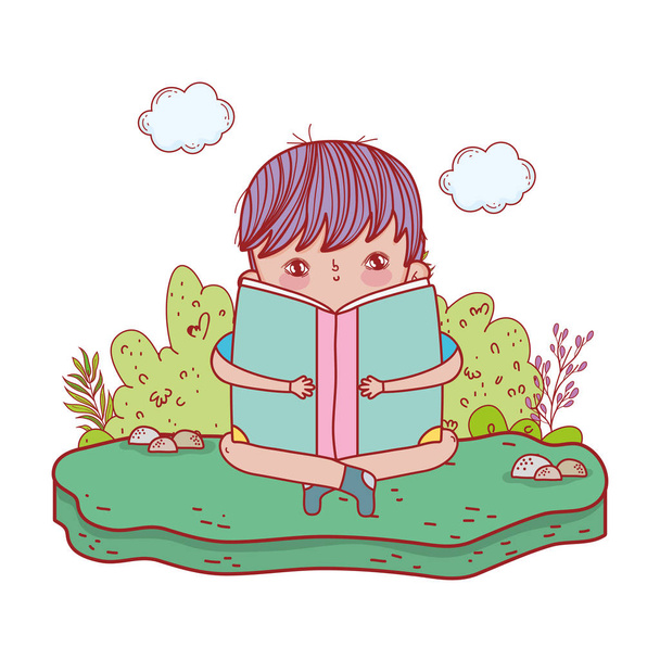 onnellinen pieni poika lukeminen kirja maisemassa
 - Vektori, kuva