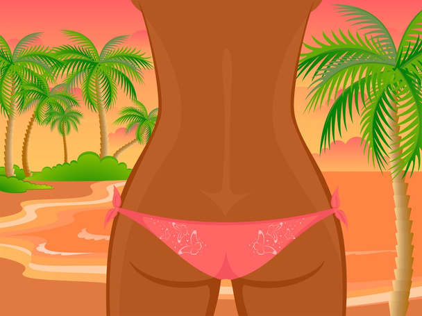 σέξι womanish μηρών είναι σε μπικίνι σε μια παραλία - Διάνυσμα, εικόνα