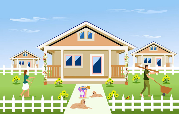Οικογένεια γονέα-παιδιού καθαρισμός του κήπου μπροστά από το σπίτι υπάρχει ένα σπίτι στο παρασκήνιο. - Διάνυσμα, εικόνα
