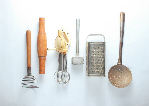 Old kitchen tool on white background. Retro kitchen, vintage cooking tool set. Top view - Fotoğraf, Görsel