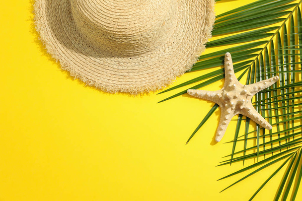 Summer vacation composition on yellow background. Space for text - Fotoğraf, Görsel
