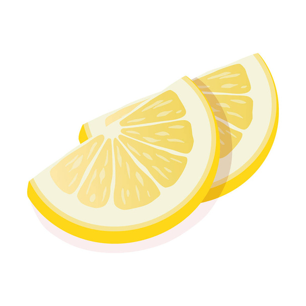 Two ripe slices of yellow lemon citrus fruit stand isolated on white background. Lemon citrus fruit, vector flat illustration. - Vector, Image