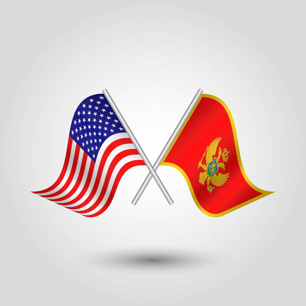 Векторний два схрещених американських і Чорногорських прапорів на срібних паличках-символ Сполучених Штатів Америки і Чорногорії - Вектор, зображення