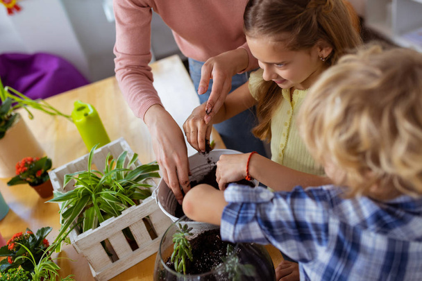 Boy and girl joining their teacher potting plants in classroom - 写真・画像