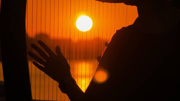 Жінка грає на арфі на заході сонця
 - Фото, зображення