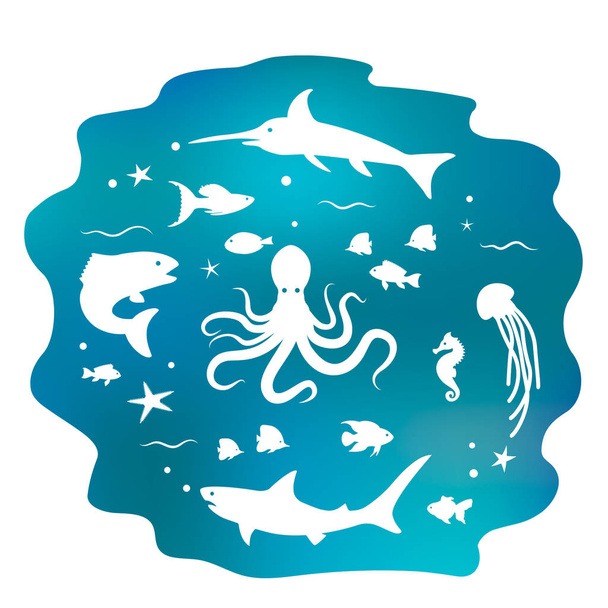 Különböző halak az óceánból. Lapos banner. Koncepció a víz alatti világ. Izolált vektorillusztráció - Vektor, kép