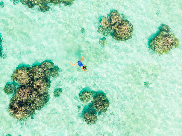 Вниз по воздуху люди ныряют с маской по коралловым рифам тропического Карибского моря, бирюзовая голубая вода. Индонезия Вакатоби архипелаг, морской национальный парк, туристический дайвинг назначения
 - Фото, изображение