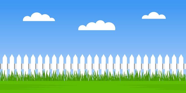 Традиційний білий паркан з зеленою травою на фоні хмарного неба. літній пейзаж безшовний. плоска векторна ілюстрація ізольована
 - Вектор, зображення