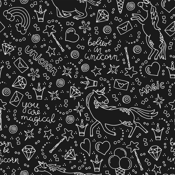 Hand drawn seamless pattern with unicorns on a black background. Magic repeating background. Vector. - Vector, Image