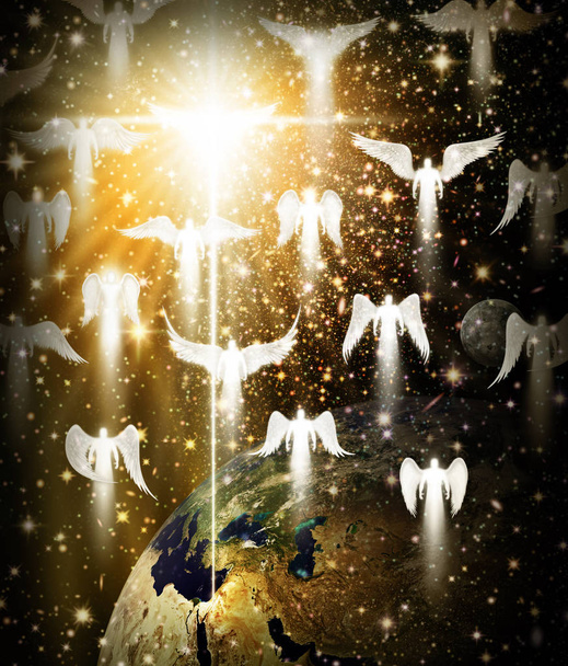 Οικοδεσπότης αγγέλων και αστεριού πάνω από τη γη και τη Βηθλεέμ - Φωτογραφία, εικόνα