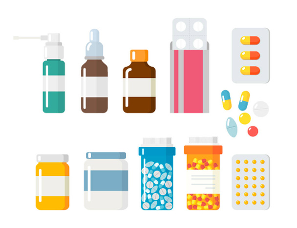 Pills capsules icons vector flat set. Medical vitamin pharmacy vector - Vector, imagen