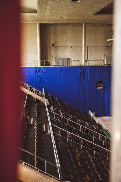 Rows of wooden grandstand empty seats of sport center Gerevich Aladar Nemzeti in Budapest - Φωτογραφία, εικόνα