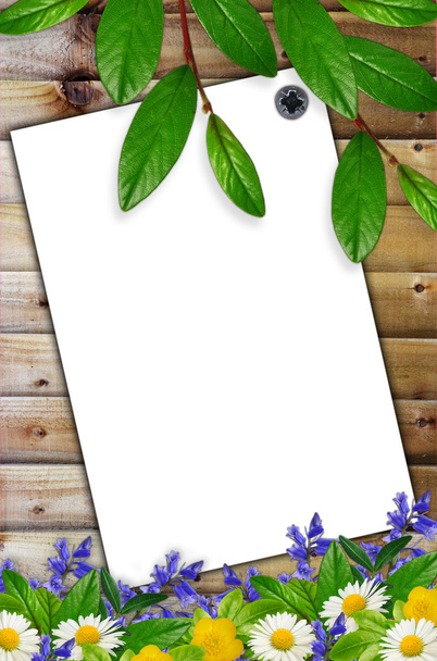 White sheet of paper and wild flowers on the wooden background - Foto, afbeelding