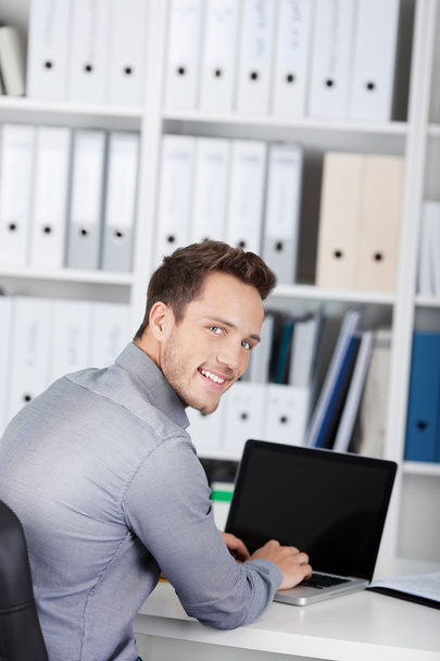 Smiling Businessman Using Laptop At Desk - 写真・画像