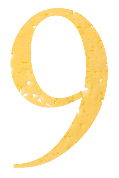 The figure "9" of cheese with holes on a white isolated background, a symbol of proper nutrition and education. - Фото, зображення