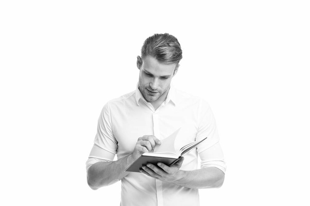 Businessman read book for self improvement. Looking interesting idea. Reading literature for adult. Man searching information for business project. Reading as hobby. Handsome businessman reading book - Fotoğraf, Görsel