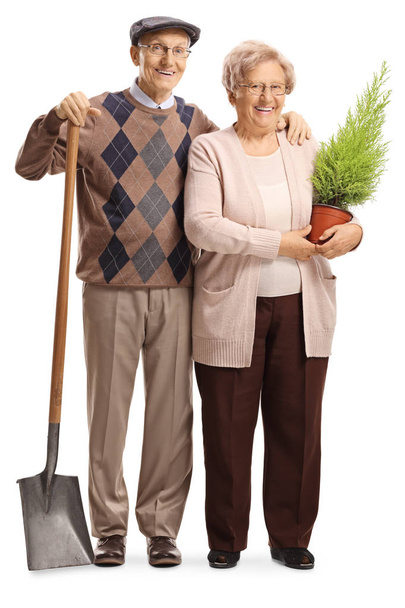 Full length portrait of a senior couple with a plant and a shovel isolated on white background - Zdjęcie, obraz