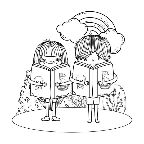 heureux petits enfants lisant des livres dans le paysage
 - Vecteur, image