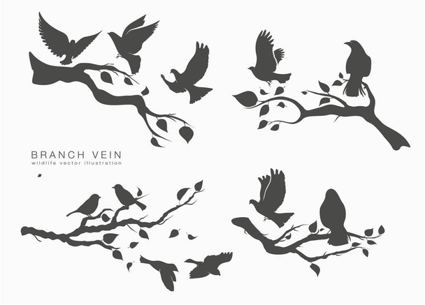 Rysunek zestaw stada ptaków latających na drzewie - Wektor, obraz