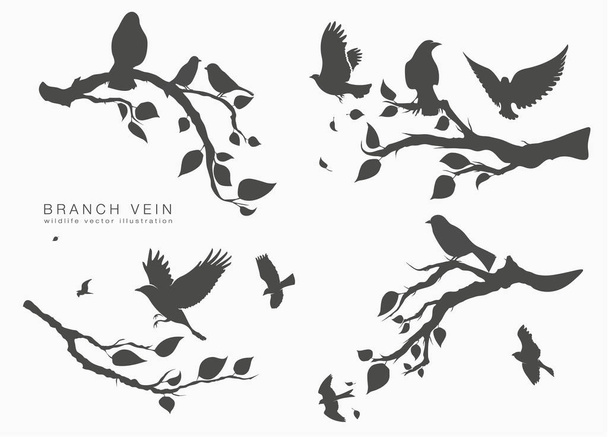 図セット木の枝に鳥の群れ - ベクター画像