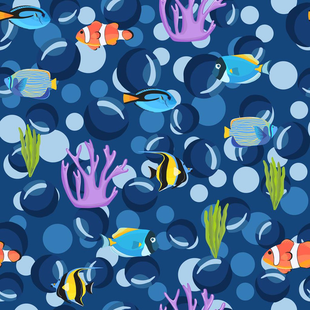 Fische unter Wasser mit Blasen. Nahtloses Unterwasser-Muster. - Vektor, Bild