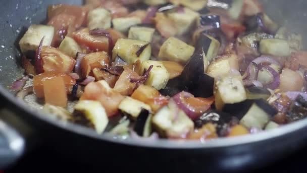 Potravinářský přípravek: červená rajčata, fialová cibule a lilky jsou smažené na pánvi - Záběry, video