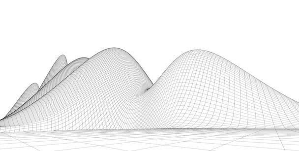 Abstract 3D wireframe terrein, 3D illustratie, omtrek curve - Foto, afbeelding