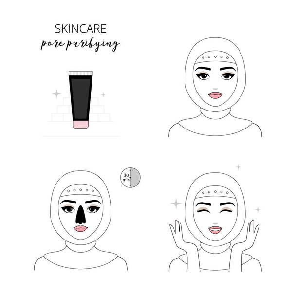 La mujer cuida de la cara. Pasos cómo aplicar la purificación de poros. Conjunto de ilustraciones aisladas vectoriales
. - Vector, imagen