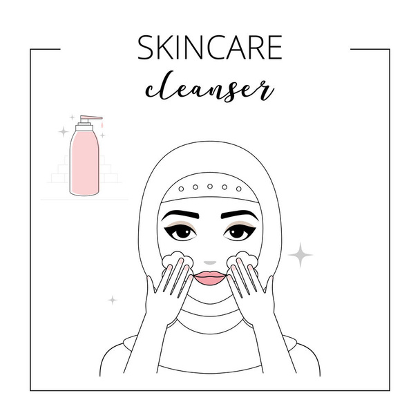 La mujer cuida de la cara. Cuidado de la piel, aplicando un limpiador. Conjunto de ilustraciones aisladas vectoriales
. - Vector, Imagen