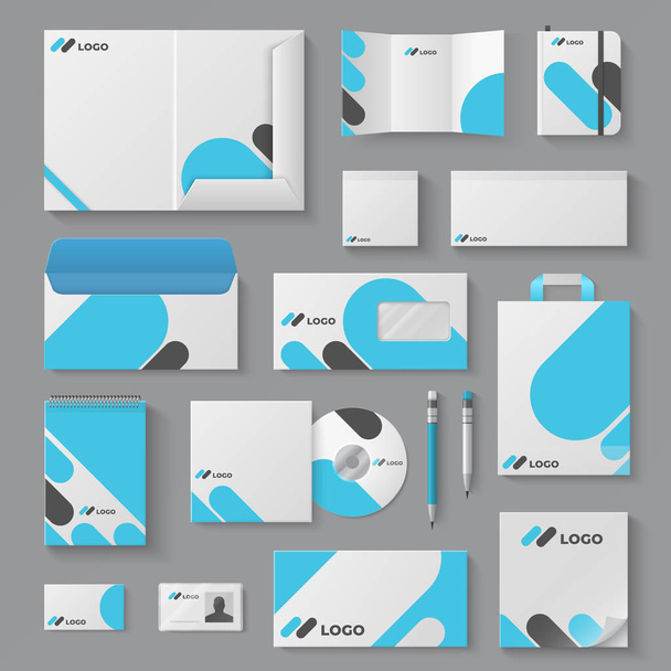 Corporate Brand Identity. Briefpapier Mockup Branding Briefumschlag Karte Tasse Dokumentenpräsentation. Unternehmen 3D-Vektorvorlage - Vektor, Bild