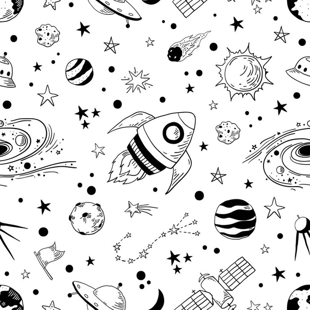 Seamless doodle space pattern. Trendy kids cosmos graphic elements, astronomy pencil sketch. Vector star planet meteor rocket set - Vektör, Görsel